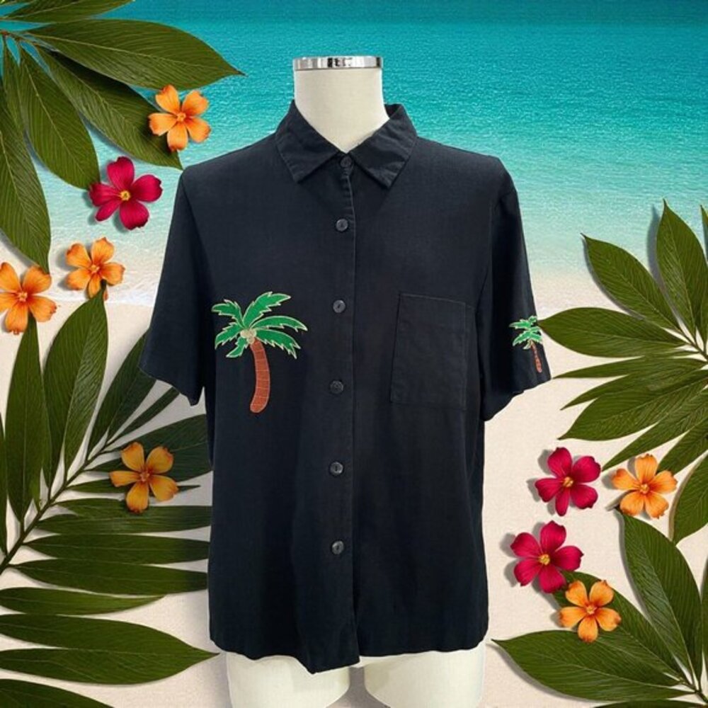 Tropical Palm Tree Button Shirt Black Linen Blend Beach Coastal Resort Vacation‎